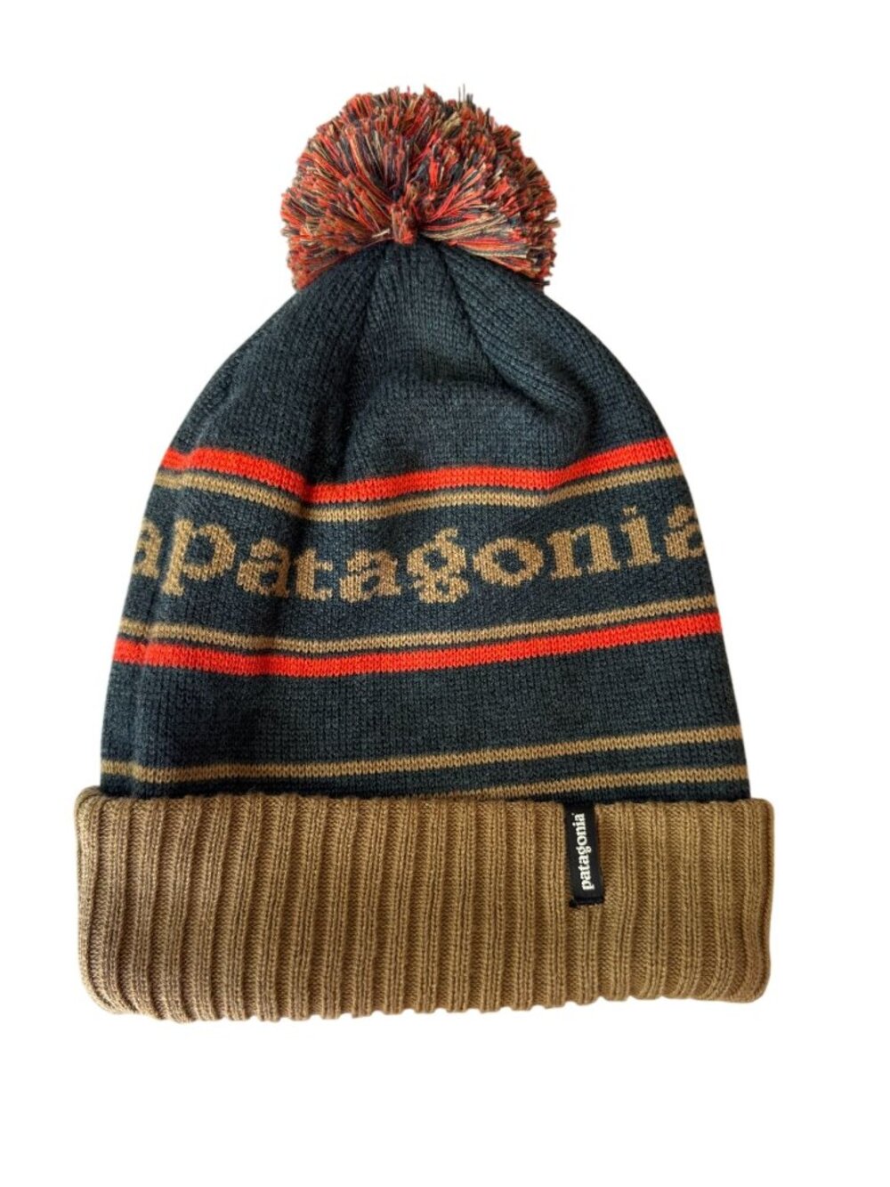 Patagonia Navy Brown Pom Beanie Knit Fabric Cold Weather Winter OS